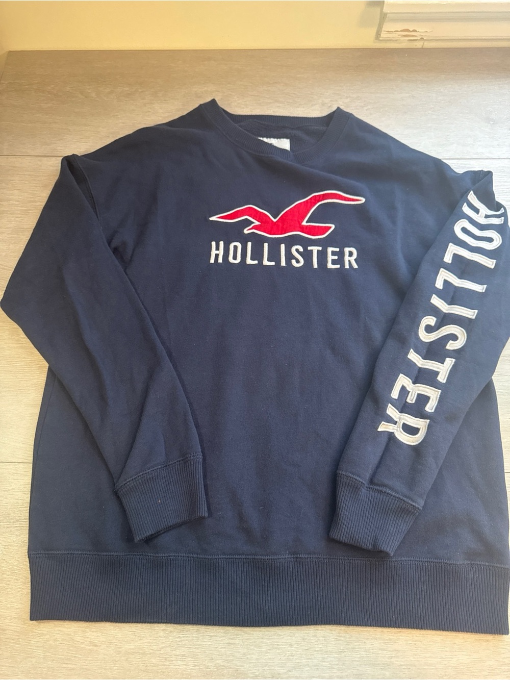 Hollister Men's Navy Crewneck with Red Logo